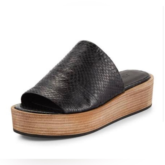 Vince Shoes - Vince Saskia Black Leather Snake Embossed Slide Flatform Sandal Size 8M Comfort